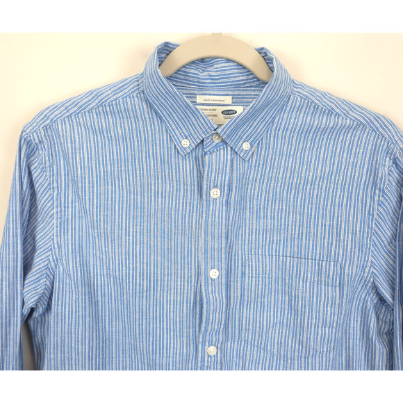 Old Navy Oxford Button Down Shirt Linen Blend Slim Fit Men S Stripe White Blue - Picture 11 of 11